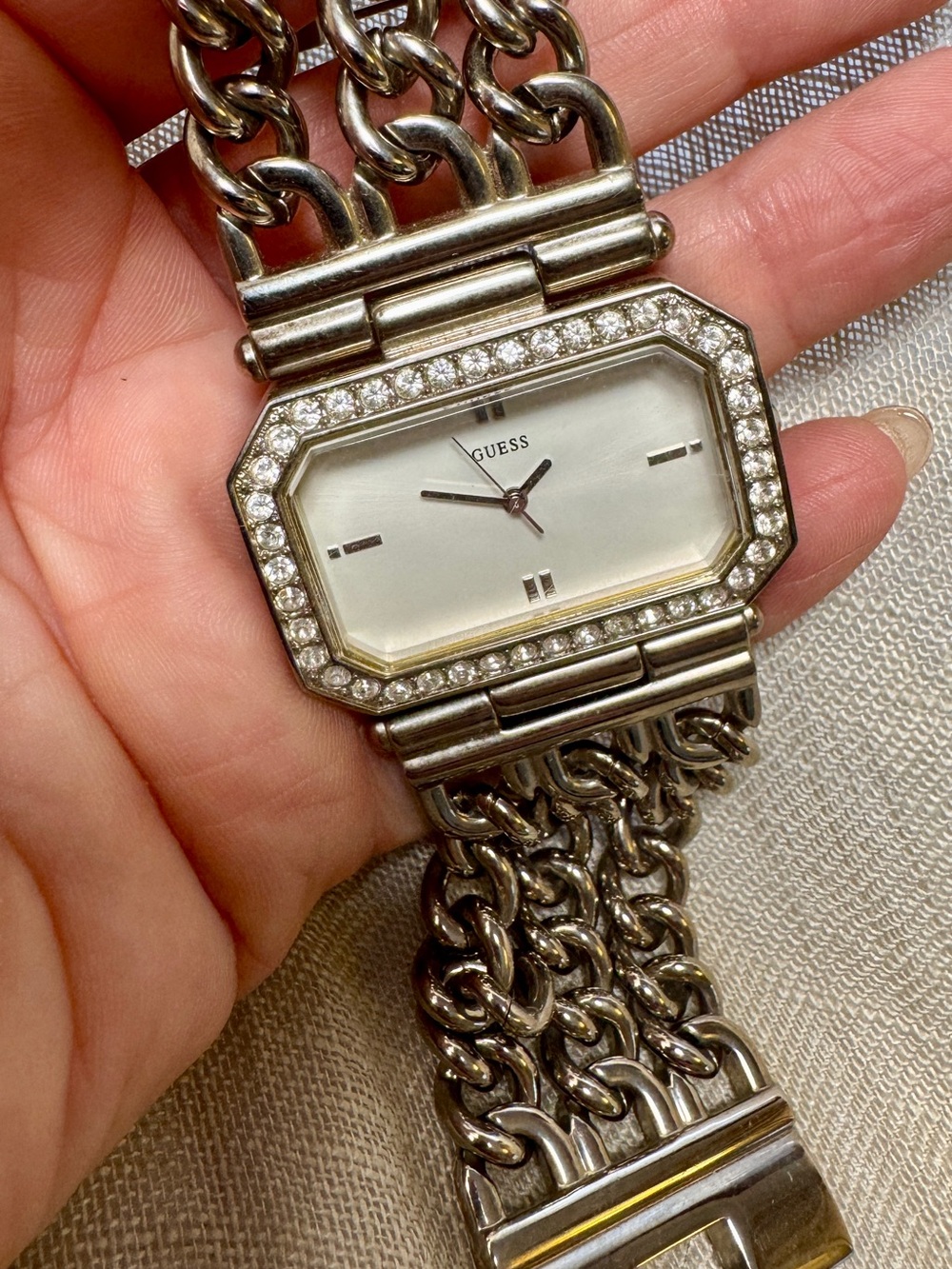 GUESS Silver Crystal-Accent Chain-Link Women's Watch